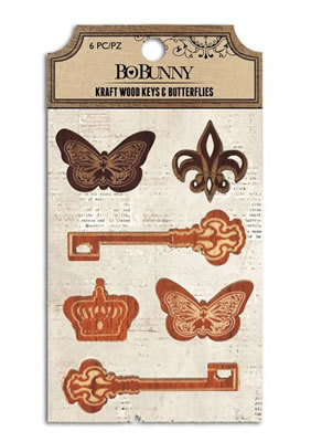 Bo Bunny Press - Kraft - Wood Keys & Butterflies  (sold in 3's)