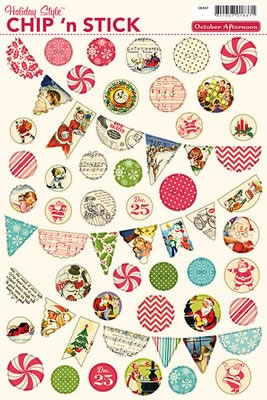 October Afternoon - Holiday Style - 8x12 Chipboard Printed Buttons & Banners  (sold in 3's)