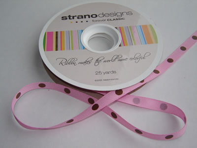 Strano Designs - 3/8" Tulip Pink w Brown Dots - 25 yards  (sold individually)