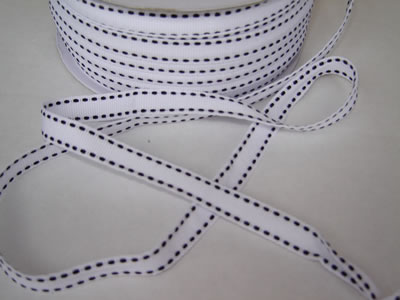 Strano Designs - 3/8" White w Black Stitching - 35 yards  (sold individually)
