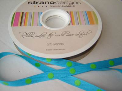 Strano Designs - 3/8" Turquoise w Lime Dots - 25 yards  (sold individually)