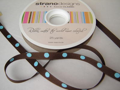 Strano Designs - 3/8" Brown w Turquoise Dots - 25 yards  (sold individually)