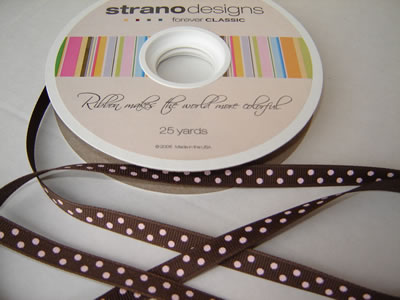 Strano Designs - 3/8" Mocha w Double Pink Dots - 25 yards  (sold individually)
