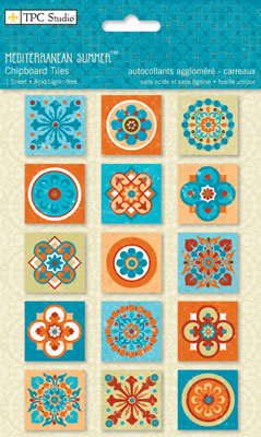 TPC Studio - Mediterranean Summer  Chipboard Tiles with foil    (sold in 3's)