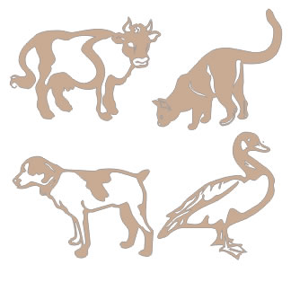 Twiddleybitz Farmyard Friends - contains a dog- duck- cat & cow.  lovely smaller set to compliment  page or mini book. These are cut in  silhouette shape and will add dimension  any farm related pages  projects. Pack of 4. Size 5x8cm. 4pc/pk (sold  3's)